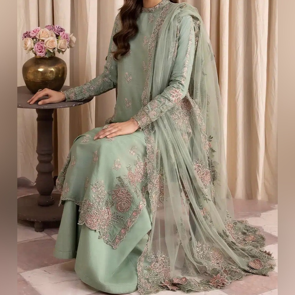 Pakistani dress (L) Embroidered Sage Green iznik brand